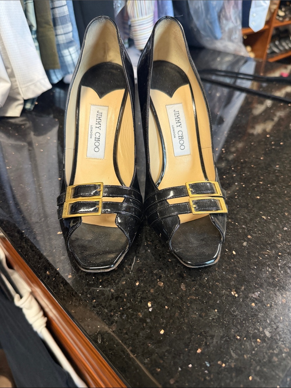 Jimmy Choo Black Patent Leather Peep-Toe Pumps with Gold Buckle Details